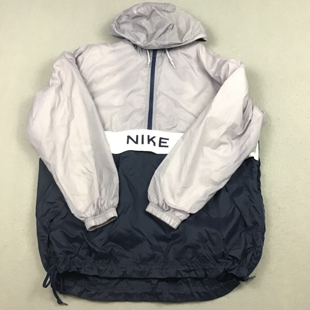 Vintage Nike Jacket Women Large Gray Bue Windbreaker 1/4 Zip Anorak Hood L 90s